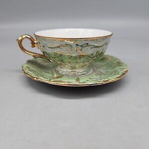 Bavaria Western Germany Teacup And Saucer Gold Gilt Green Floral Vines 13